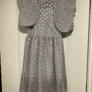 Silver Polka Dot Dress with Faux Fur Vest